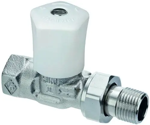 Regulierventil aus vernickeltem Rotguss von IMI Hydronic Engineering, mit einem direkten Anschluss für Rohrleitungen. Das Produkt hat eine handliche Griffkappe zur Steuerung.